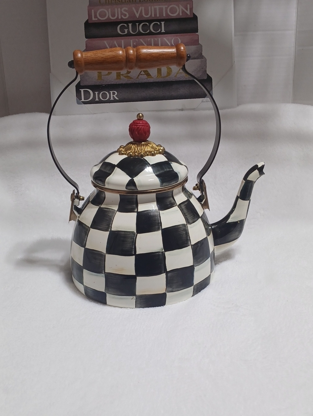 MacKenzie-Childs Courtly Check Tea Kettle Red and Gold Accent NWOT